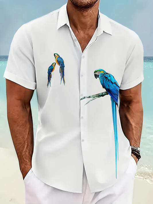 Men's Hawaiian Button- Shirt with Vibrant Parrot Print - Lightweight Breathable Short Sleeve Casual Shirt for Summer Vacation & Dates, Machine Washable Regular Fit, Ideal Gift for Him, Hawaiian Shirt, Date Night Apparel, Easy