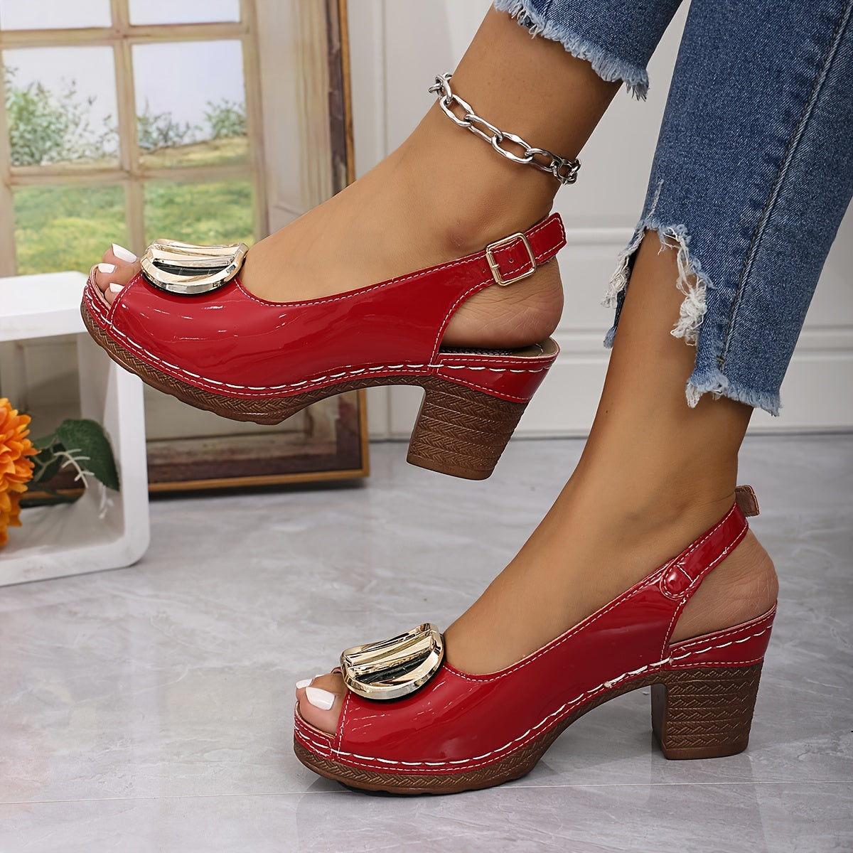 Women's 2024 Summer Fish Mouth Sandals - Chunky High Heel Open Toe with Adjustable Ankle Strap & Buckle Closure, Faux Cover Upper & Rubber Sole, Versatile for Skirts & Casual Outfits, Chunky Heel Sandals, Stylish Footwear