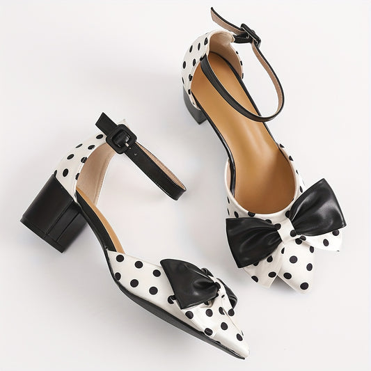 Women's Summer Pointed Toe Mary Jane High Heels with Polka Dot and Black Bow Accents Chunky Heel Breathable Synthetic Cover and TPU Sole Casual or Formal Occasions Stylish Sweet Aesthetic Shoes