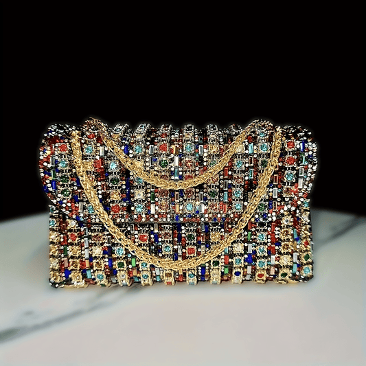 Luxurious Rhinestone and Beaded Women’s Evening Clutch Elegant Multicolor PU Handbag with Adjustable Strap and Golden Tone Hardware for Banquets Weddings and Formal Events