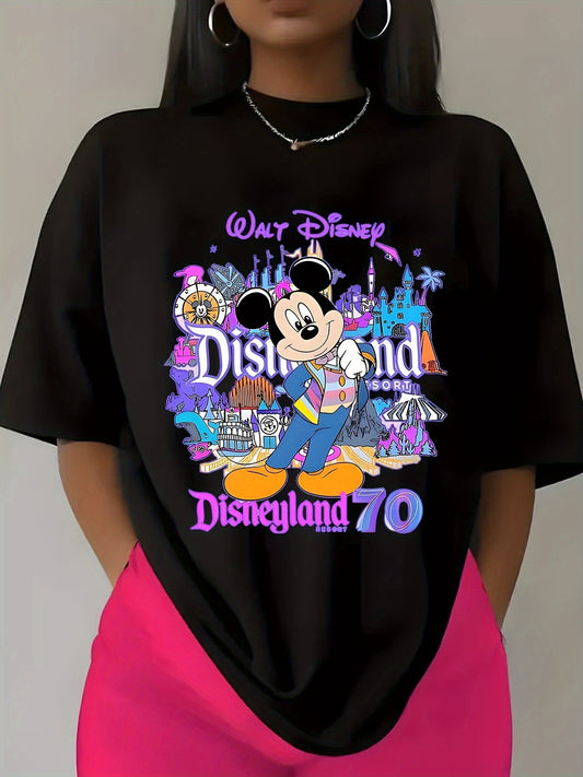 Disneyland 70th Anniversary Women's T-Shirt - Short Sleeve Round Neck Casual Top with Vibrant Disney Characters & Playful Graphic Design, Machine Washable Comfort Fit, Black & White, Holiday Gift for Family & Friends, Disney