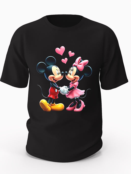 Mickey and Minnie Mouse Love Graphic Cotton T-Shirt - All-Season Crew Neck, Short Sleeve, 220g/m², Black with Vibrant Mickey & Minnie Design, Casual Sporty Style, Hand Wash Only, Sporty Tshirt | Romantic Print Shirt | Durabl