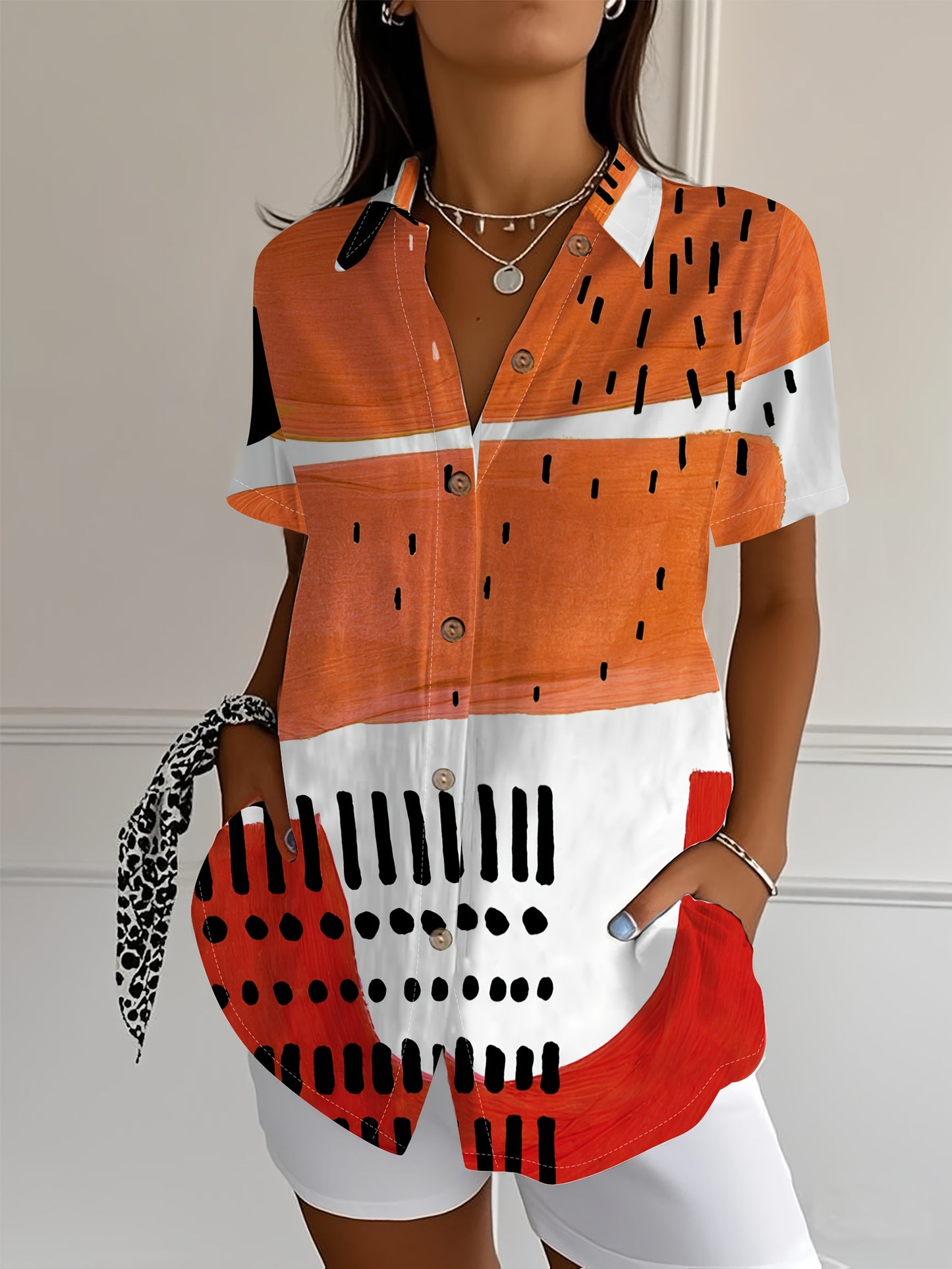 [Geometric Art Shirt] Abstract Geometric Art Print Women's Casual Short-Sleeve Shirt | Loose Fit Long Length, Color Block Contrast Design, Wood Grain Buttons, Machine Washable Summer Vacation Top, Unique Button Details