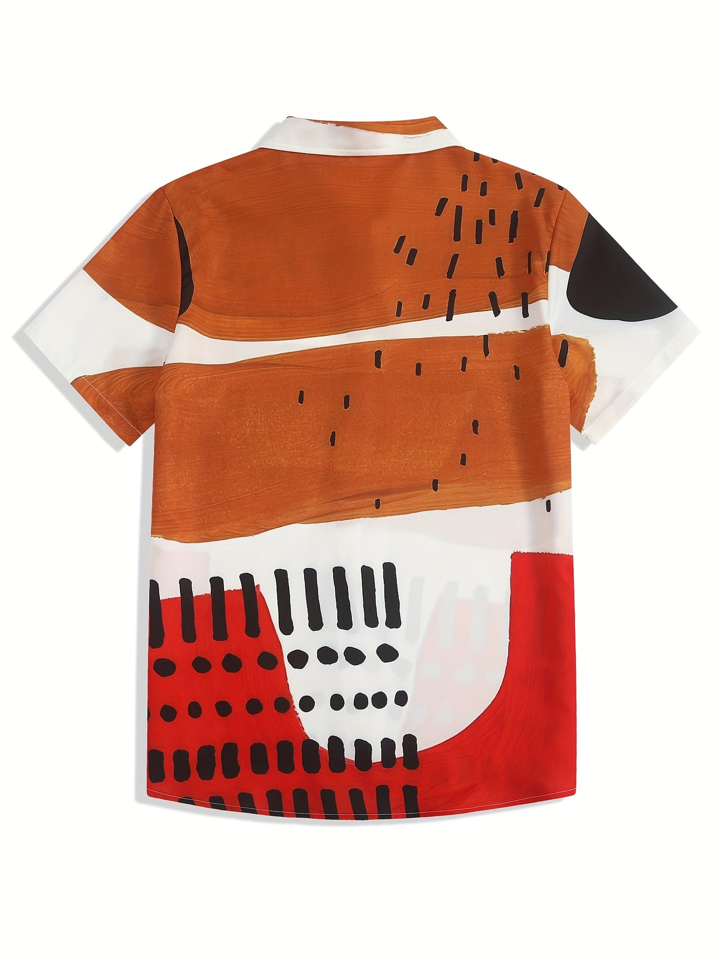 [Geometric Art Shirt] Abstract Geometric Art Print Women's Casual Short-Sleeve Shirt | Loose Fit Long Length, Color Block Contrast Design, Wood Grain Buttons, Machine Washable Summer Vacation Top, Unique Button Details