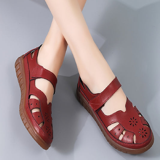Women's Genuine Leather Mary Jane Flat Sandals - Adjustable Straps, Breathable Summer Casual Shoes with Rubber Sole, Round Toe & Solid Color Design, Everyday Comfort Footwear, Classic Bucket Style, Durable Traction Footwear