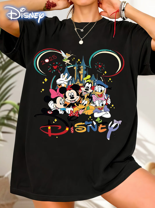Plus Size, Disney Mickey & Friends 2025 Celebration Women's Plus Size T-Shirt - Soft Cotton Short Sleeve Tee with Cartoon Graphic Print, Fireworks & Cinderella Castle Design, Ideal Birthday Gift for Family & Friends, Casual &
