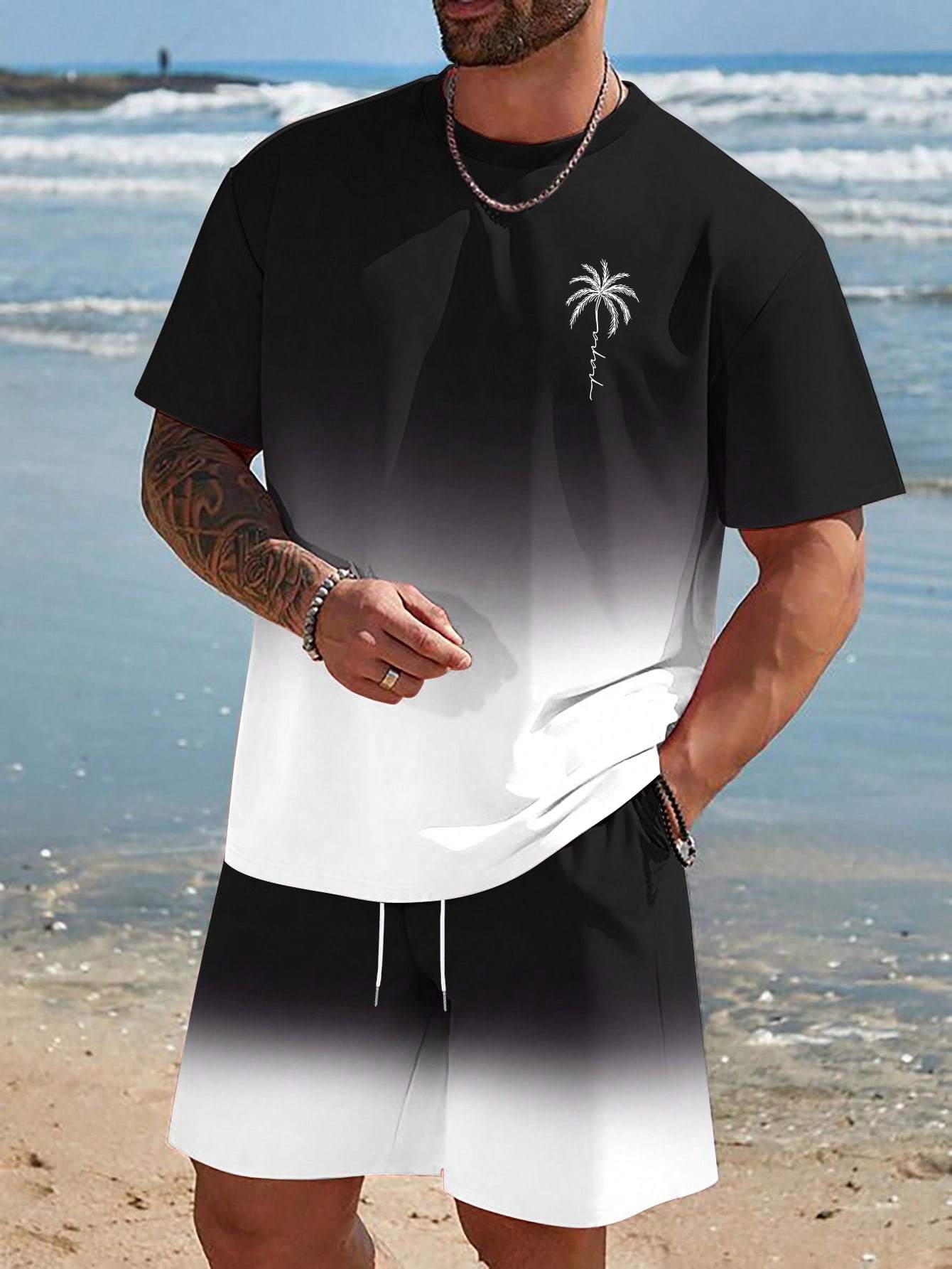 [Summer T-Shirt] Quick-Dry Breathable Men's Summer Short-Sleeve Crewneck T-Shirt | Dual-Tone Gradient Coconut Tree Print, 100% Polyester, Regular Fit Casual Tee for Teens & Adults, Home & Outdoor Activities