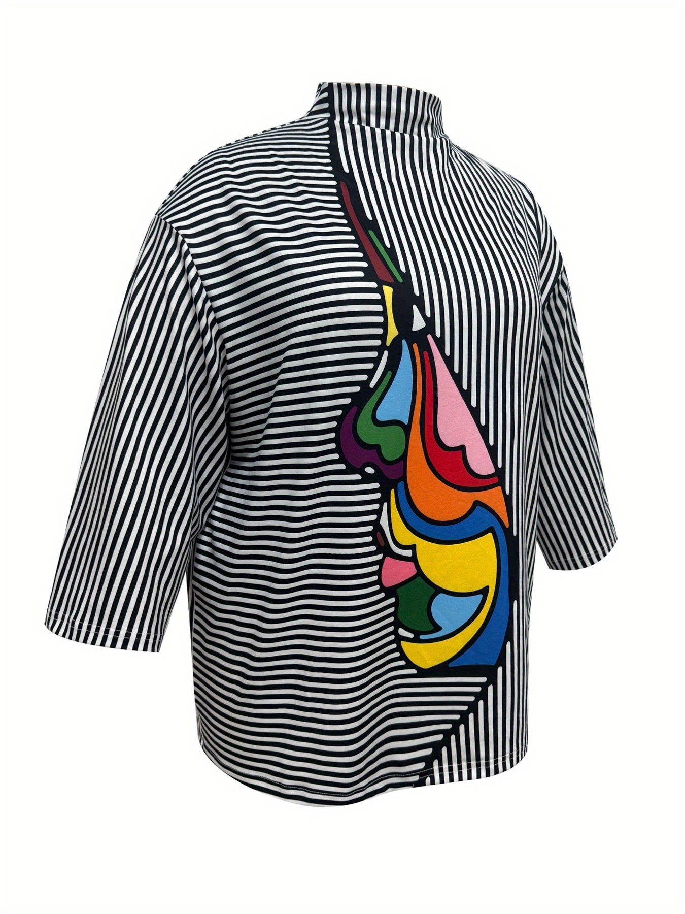 Summer Semi-High Neck Personality Print Striped Casual Commuter Versatile Long-Sleeve Women's Plus-Size T-Shirt Top