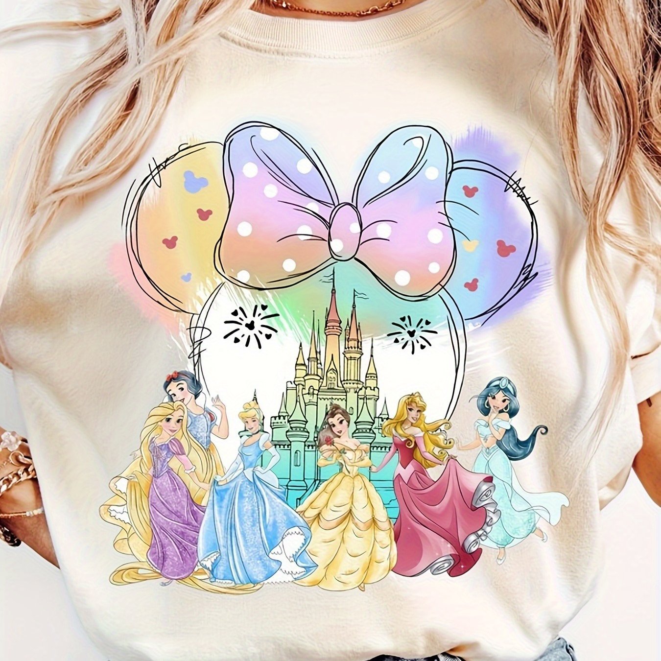 [Disney Princess T-Shirt] Disney Princess Plus Size Women's Short Sleeve T-Shirt | Pink Bow Crown Rainbow Fairy Tale Design, Machine Wash Casual Summer Top, Magic Kingdom Dream Vacation