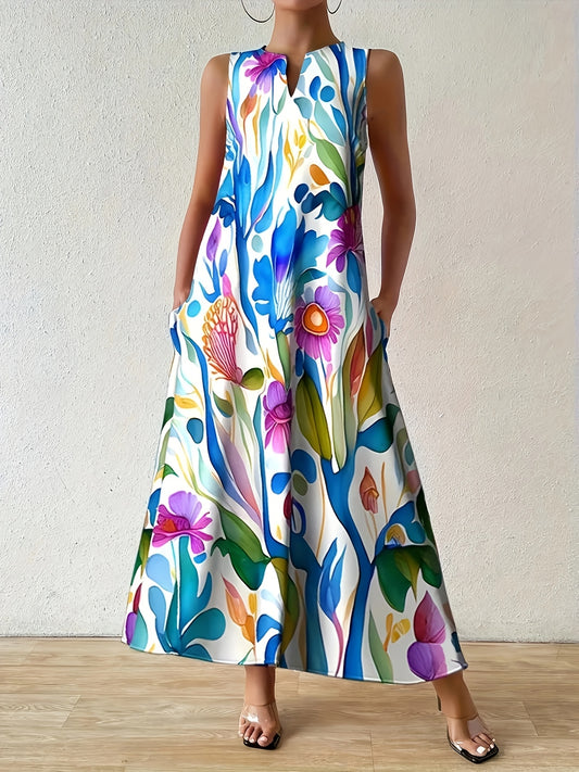 [Vibrant A-Line Dress] Vibrant Floral Print Women's A-Line Dress with Pockets | Sleeveless Round Neck Machine-Washable | Spring Summer Vacation Outfit