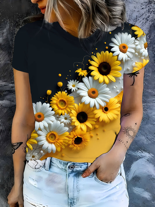 Women'S Sunflower Floral Print T-Shirt - Black & Yellow Contrast Color Block Design, Round Neck Casual Top, Breathable Machine-Washable Fabric, Spring Summer Fashion Gift, Seasonal Gift Clothing, Elegant Digital