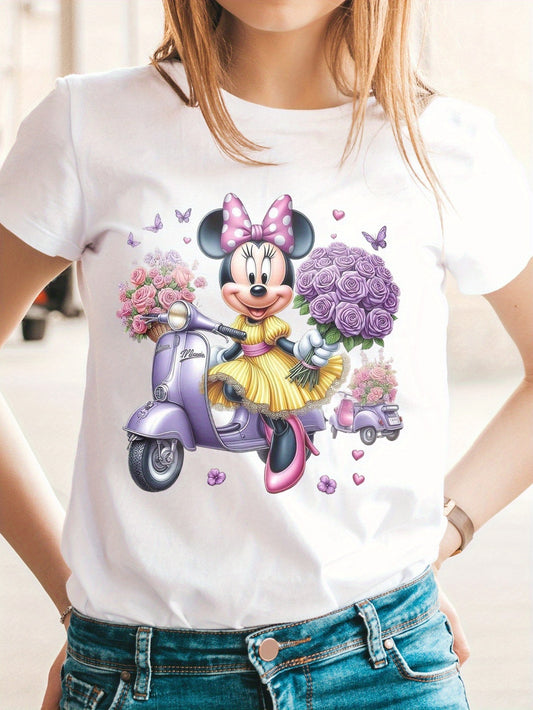 Disney Mickey & Minnie Series Women's Short Sleeve T-Shirt - 100% Cotton Cute Cartoon Print with Purple Scooter, Flowers & Butterflies - All-Season Comfort for Hiking, Date Night, Casual Outfits (S-XXL), Casual Wear Tshirt |