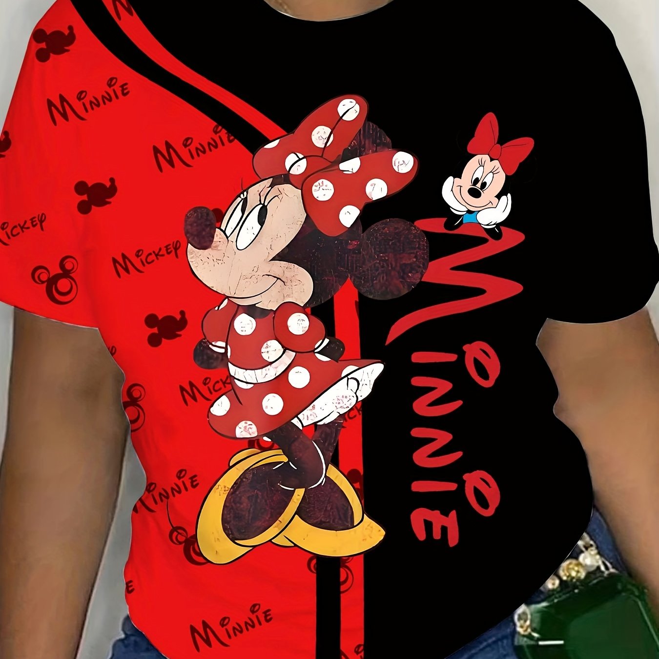 Women'S Minnie Mouse 3D Print T-Shirt - Black & Red Short Sleeve Crew Neck Casual Top with Mickey Mouse & Polka Dots Design, Perfect for Summer Outdoor Activities & Casual Attire, Outdoor Casual Wear | Playful Graphic Tee | S