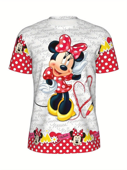 Plus Size Women's Disney Minnie Mouse Graphic T-Shirt - Lightweight Stretchy Short Sleeve Top with Polka Dots & Red Ribbons, Breathable Summer Casual Shirt for Fitness, Yoga, Outdoor Activities, Fitness Apparel, Vibrant Print