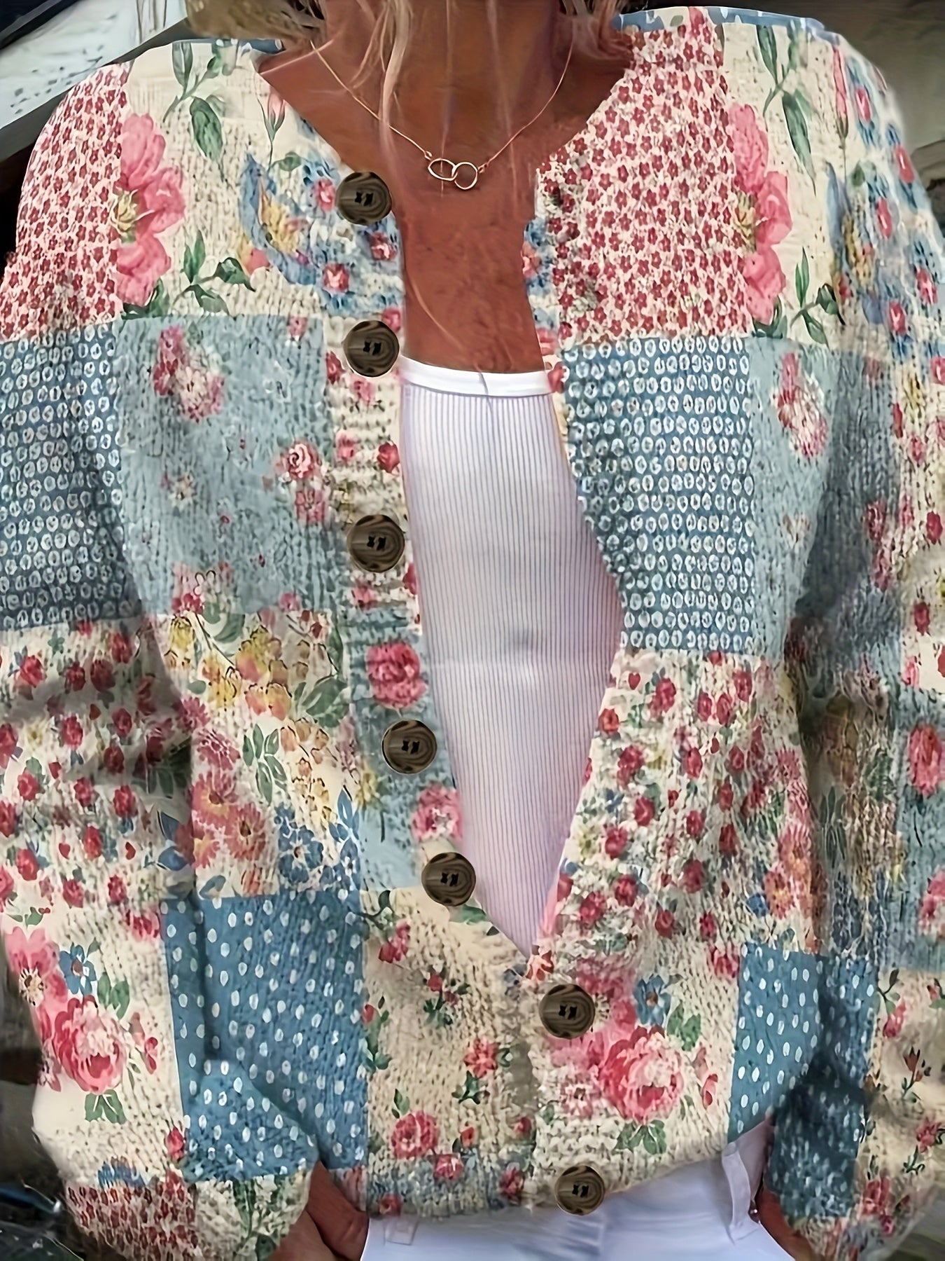 [Plus Size Floral Cardigan] Plus Size Women's Lightweight Floral Print Cardigan | Open Front Sweater with Button Closure, Round Neck Long Sleeve Casual Resort Wear, Non-Stretch Fabric, Hand Wash Only, Autumn Layering Piece
