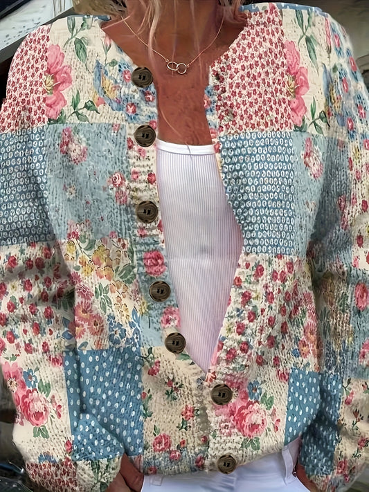 [Plus Size Floral Cardigan] Plus Size Women's Lightweight Floral Print Cardigan | Open Front Sweater with Button Closure, Round Neck Long Sleeve Casual Resort Wear, Non-Stretch Fabric, Hand Wash Only, Autumn Layering Piece