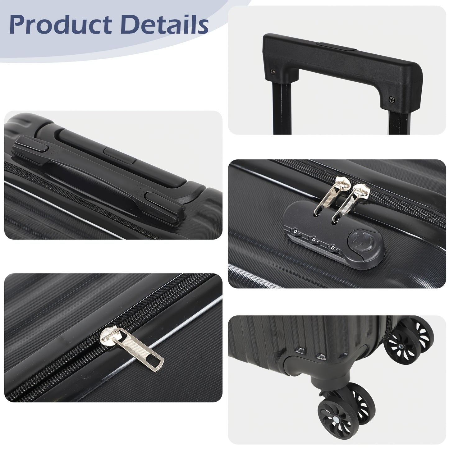 Two Sets Of Luggage, Including A 20-inch Carry-on Bag And A 14-inch Makeup Bag, Feature A Hard-shell Design With Hooks, TSA Locks And Swivel Wheels. They Come In Four Colors: Rose Golden, Silvery, Dark Blue And Black.