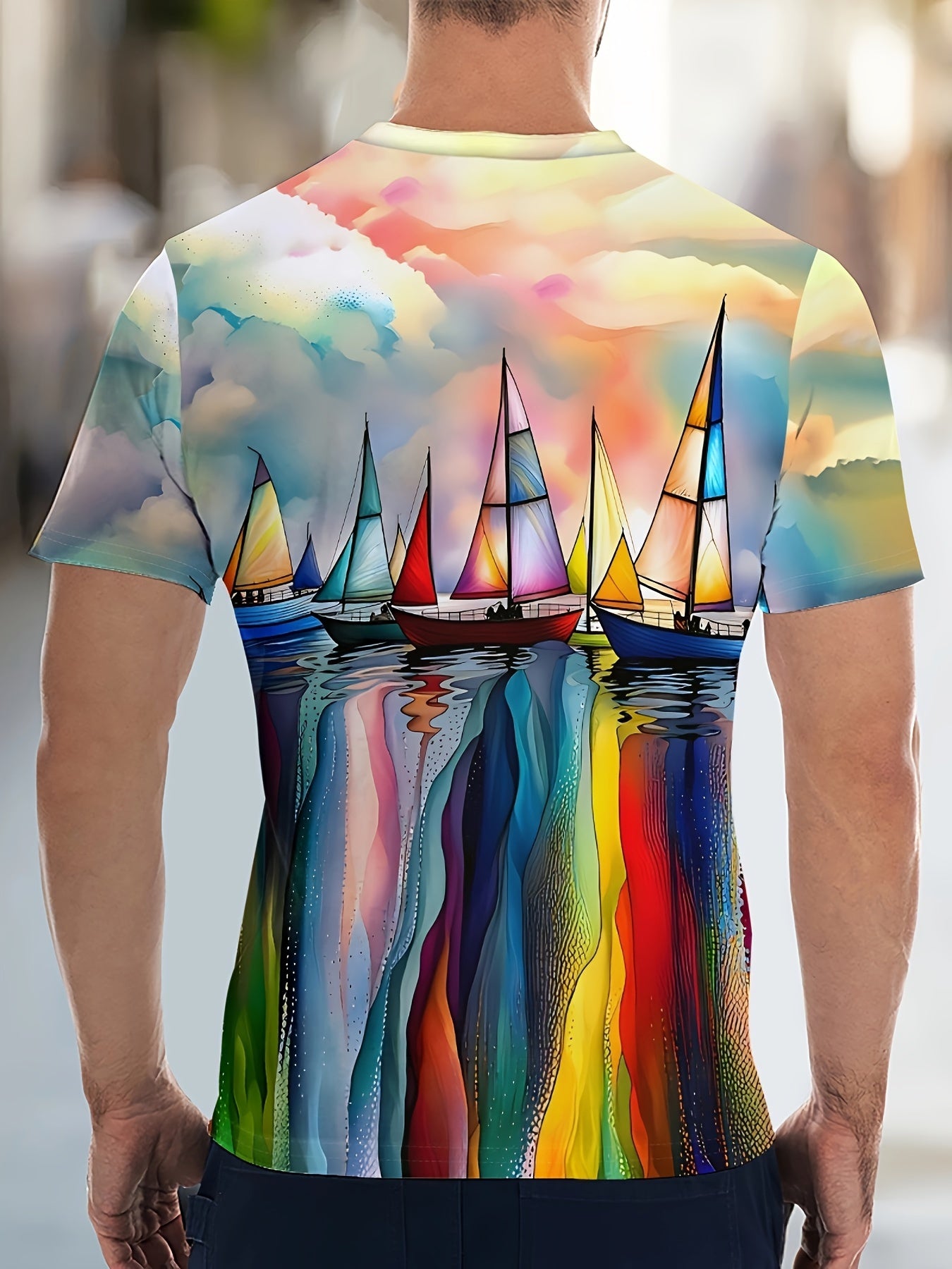 Sailboat Geometric Print Nautical Art Men's Stylish Round Neck Graphic Tee 3D Print Comfort Fit Summer Daily Wear Casual Streetwear Boyfriend Gift