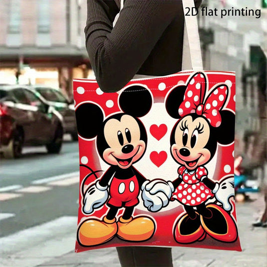 1pc Disney Mickey & Minnie Mouse Women's Casual Shoulder Bag - 2D Flat Print Vibrant Red with Polka Dots & Hearts, Foldable Lightweight Polyester Bag for, Shopping, Travel, Cute Purse, Travel Handbag, Polkadot Pattern, Easy C