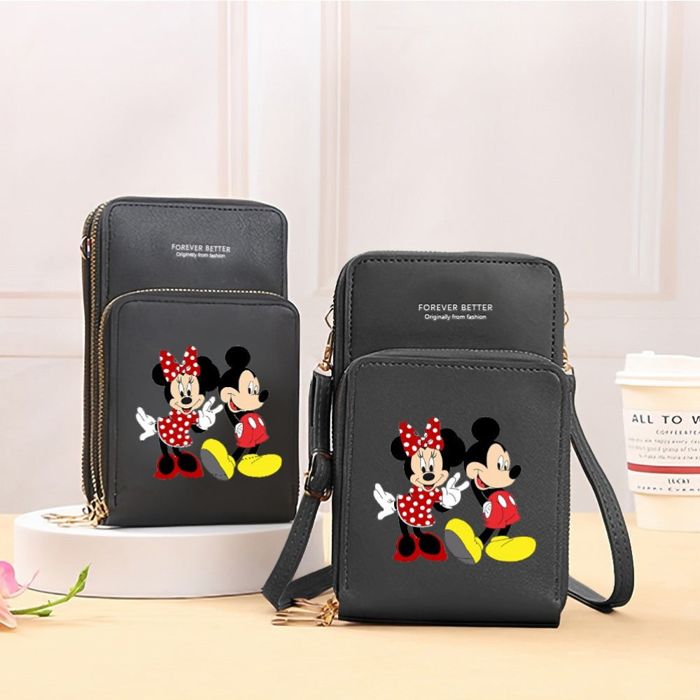 [Mickey Mouse Crossbody Bag] Mickey Mouse & Minnie Mouse 1pc Zippered Crossbody Phone Bag | Black Synthetic, Versatile Use, Polyester Lined, Casual Style, Father's Day & Independence Day Design, Small Crossbody Bag with Coin