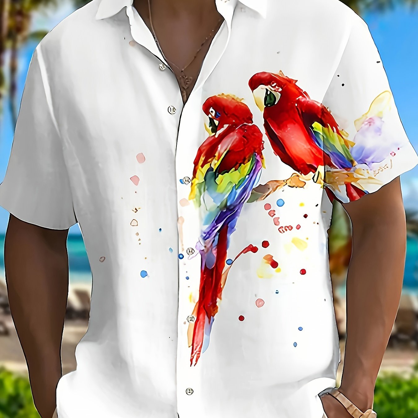 White Parrot Seaside Refreshing Short-Sleeved Summer Swimming Lapel Mix Fashion Sunny Gentleman Wind Europe And The United States Men'S Fashion, Leisure, Personality Lapel Collision Color Horizontal Mix