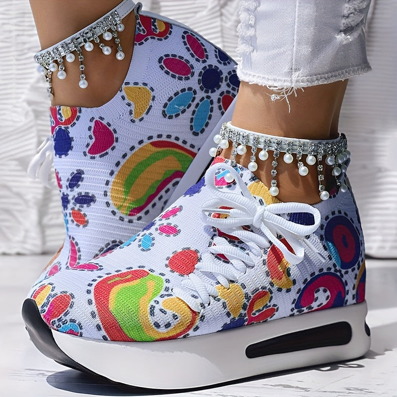 [Abstract Sneakers] Casual Abstract Print Wedge Sneakers | Side Lace-up - Without Anklet