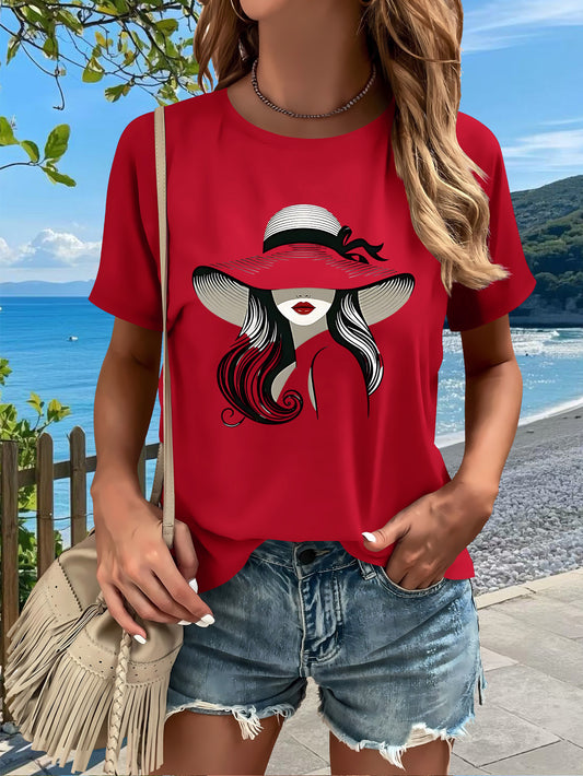 Hat Lady Gift 1pc New Women'S Summer T-Shirt, Printed, Short Sleeved Top, White, Red, Black, Green, Pink, Gray, Apricot, for Home, Outdoor, Party, Sports, Work, Vacation