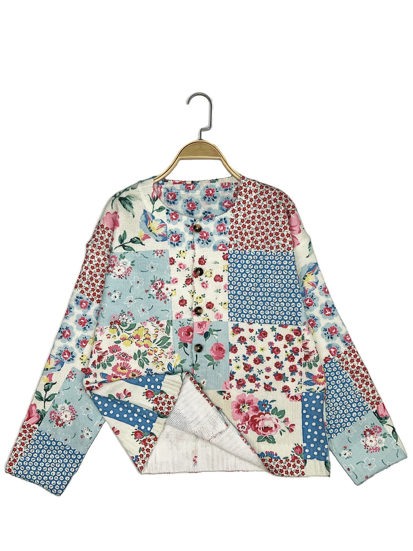[Plus Size Floral Cardigan] Plus Size Women's Lightweight Floral Print Cardigan | Open Front Sweater with Button Closure, Round Neck Long Sleeve Casual Resort Wear, Non-Stretch Fabric, Hand Wash Only, Autumn Layering Piece