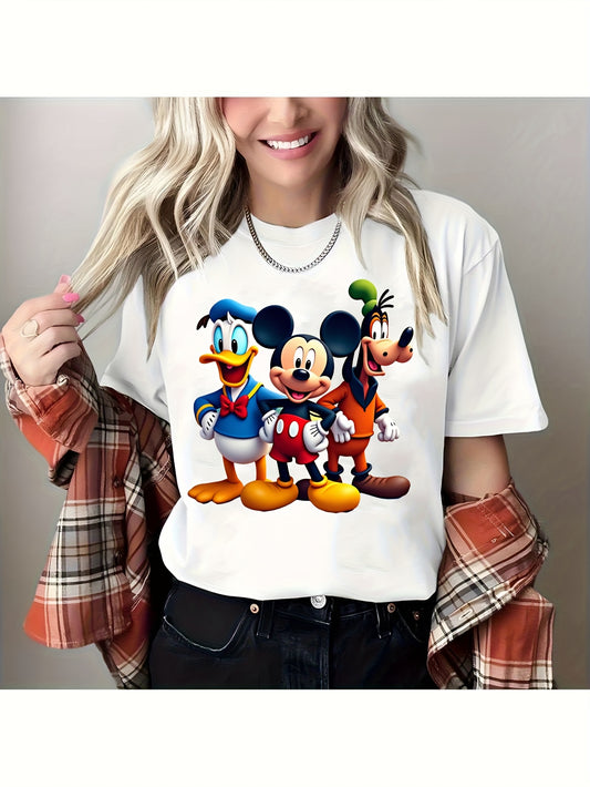 Authorized Mickey, Donald Goofy & Mickey Mouse T-Shirt - 220g Cotton, Single-Sided Print, Crew Neck, Short Sleeve - Casual Sports Style for All Seasons