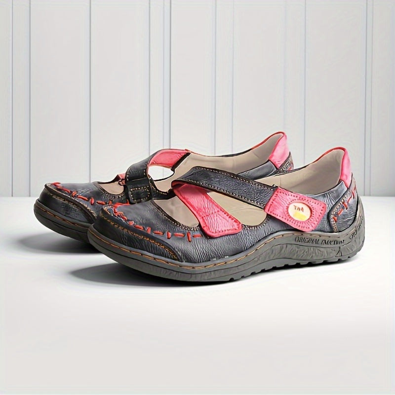 [Soft Leather Sandals] TMA EYES Soft Leather Women's Casual Slip-On Flat Sandals | Blue & Yellow Cross Design, Comfortable Low-Top, Padded Insole, Flat Heel, Summer Footwear