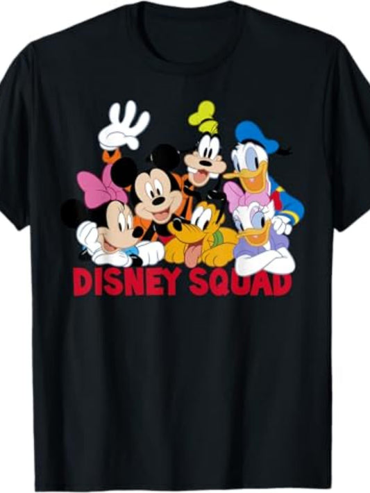 Men's Squad Graphic Cotton T-Shirt - Black Casual Short Sleeve Tee with Vibrant Character Print, Regular Fit for Casual Attire & Sports, Machine Washable, Leisure Clothing, Bold Lettering, Easy Care, Printed Shirt, Sports Ent