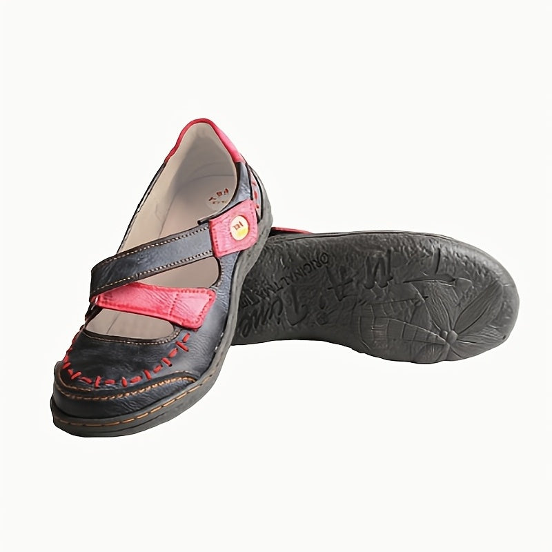 [Soft Leather Sandals] TMA EYES Soft Leather Women's Casual Slip-On Flat Sandals | Blue & Yellow Cross Design, Comfortable Low-Top, Padded Insole, Flat Heel, Summer Footwear