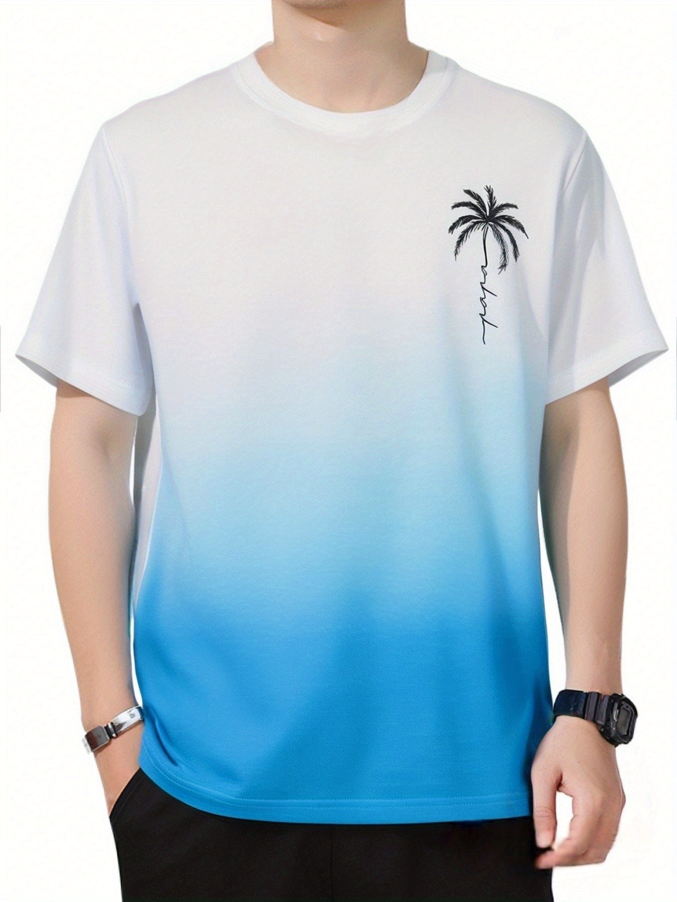 [Summer T-Shirt] Quick-Dry Breathable Men's Summer Short-Sleeve Crewneck T-Shirt | Dual-Tone Gradient Coconut Tree Print, 100% Polyester, Regular Fit Casual Tee for Teens & Adults, Home & Outdoor Activities