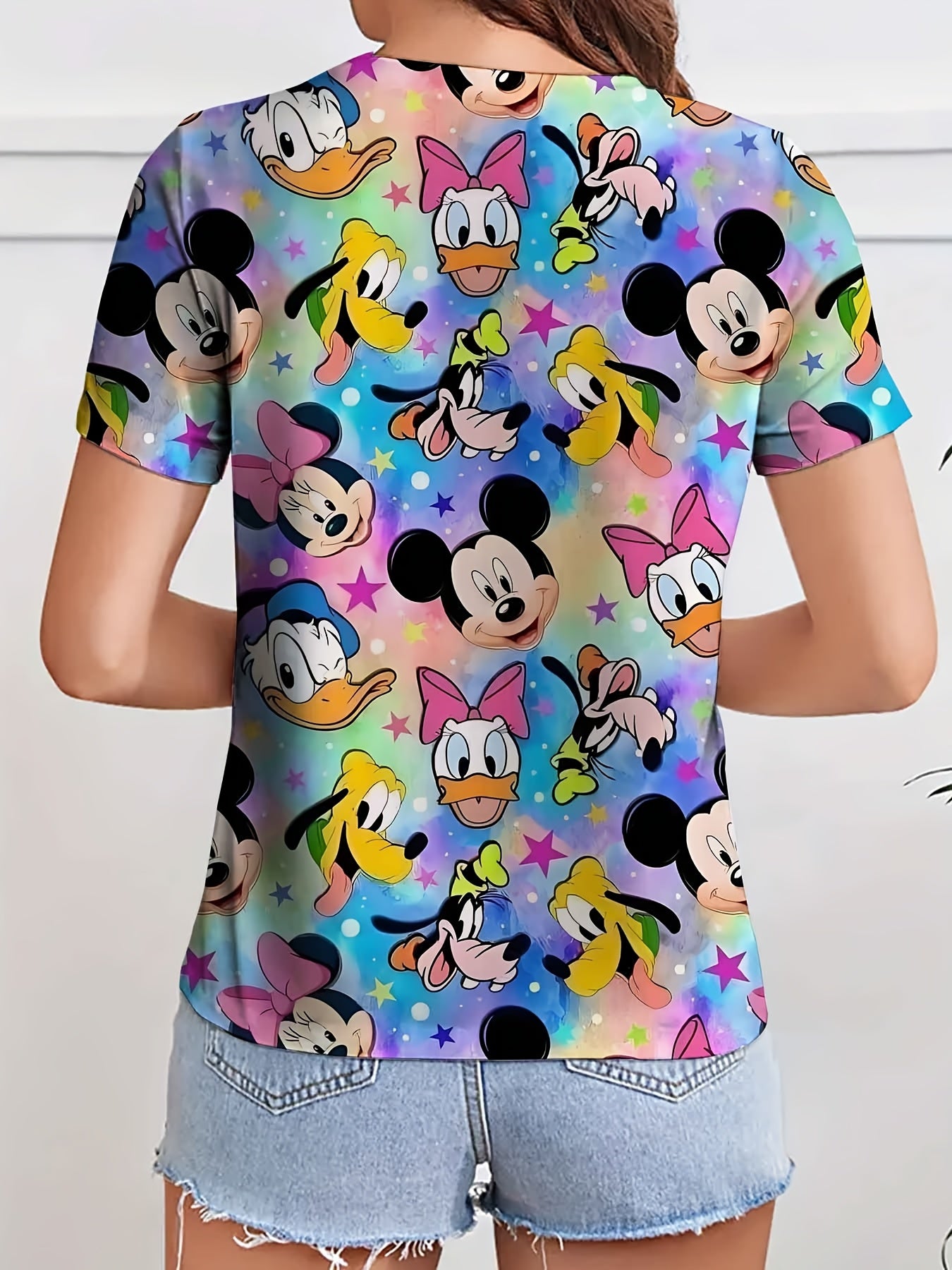 [Disney Mickey T-shirt] Disney Mickey V-neck 3D T-shirt | Casual Summer Top, Machine Washable, Versatile Clothing, Durable Print, Short-sleeved
