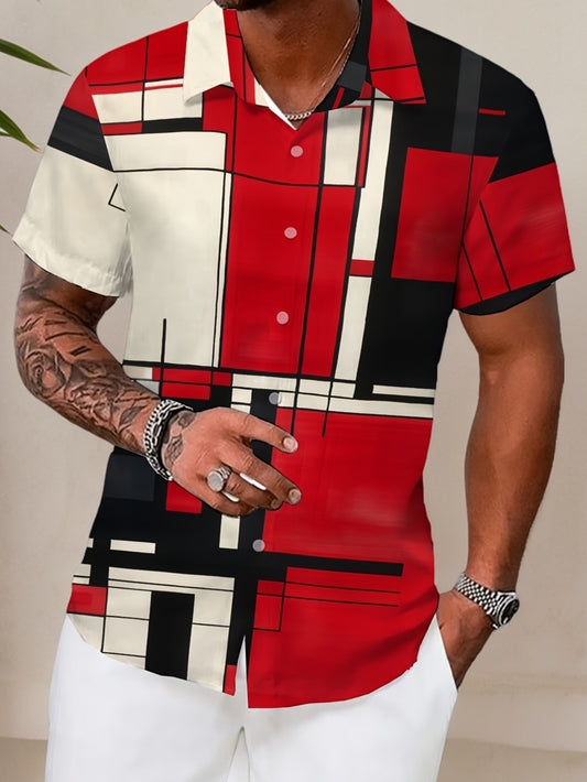 Men's Casual Short-Sleeve Shirt | Multi-Color Geometric Print | Polyester, Non-Stretch Fabric | Machine Washable | Summer Fashion with Turn- Collar & Button Details | Ideal for Daily Wear, Short Sleeve Tops