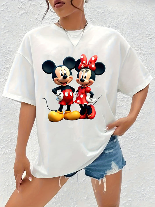 Disney Official Mickey & Minnie Mouse Graphic T-Shirt for Men - 220g Cotton Crew Neck Short Sleeve Tee with Umbrella Hem, All-Season Casual & Sportswear, Single-Sided Print (Style 23AB1), Smooth Texture Fabric