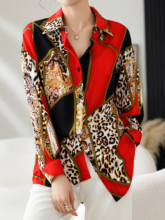 [Unique Trendy Top] Versatile Chiffon Shirt for Women | Color-clashing Leopard Print and Vintage Long Sleeves, Spring Loose Designer Blouse