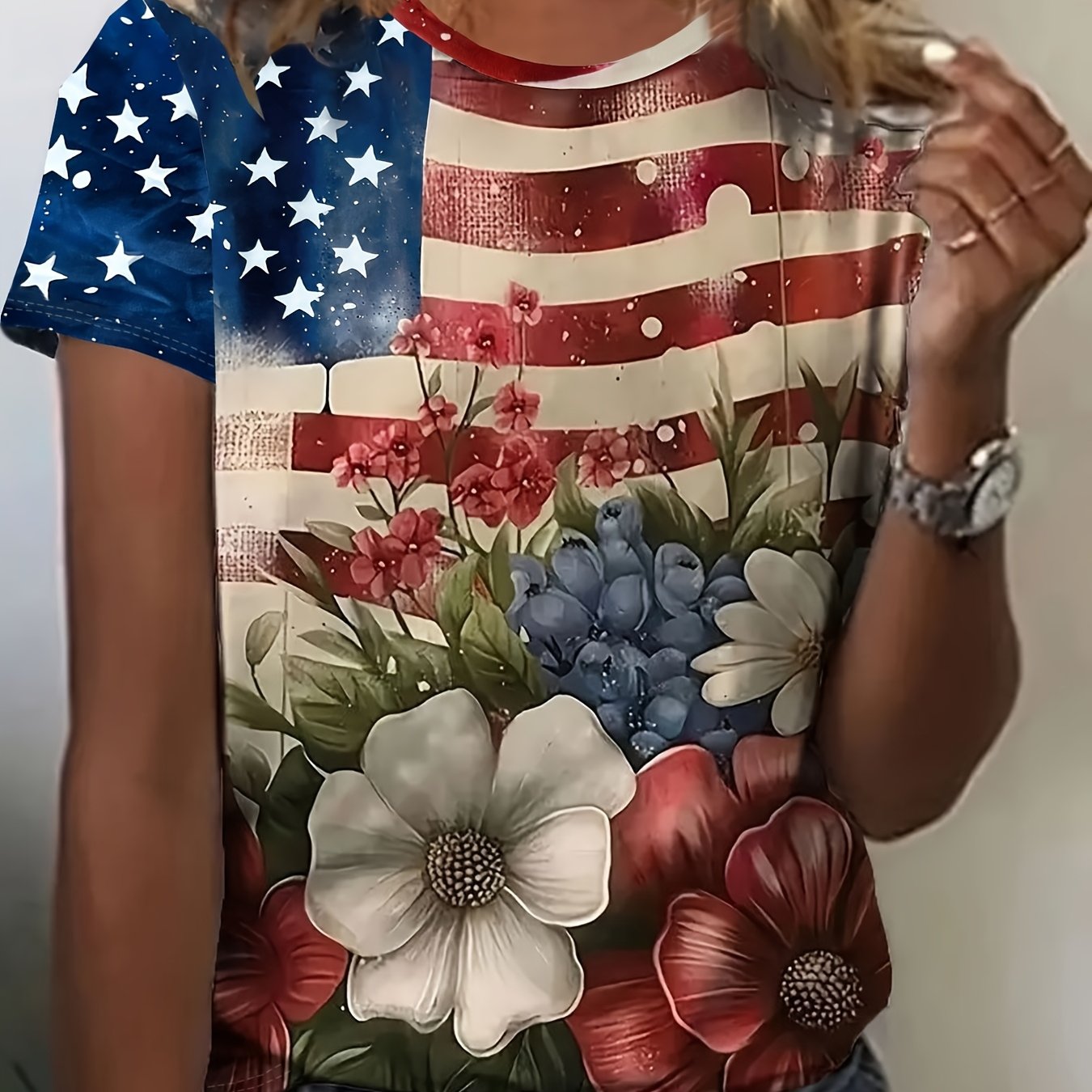 Plus Size, Women's Patriotic Floral T-Shirt - American Flag Stars & Stripes with Red/Blue Floral Accents - Crew Neck Casual Top - Stretchy Polyester/Elastane Blend - Lightweight Non-Transparent Shirt for Independence Day, Eve