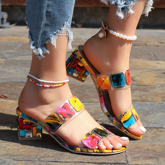 Women's Colorful Mosaic Print Slip On Sandals with Double Ankle Straps and Block Heels for Summer Casual Outings and All Season Wear
