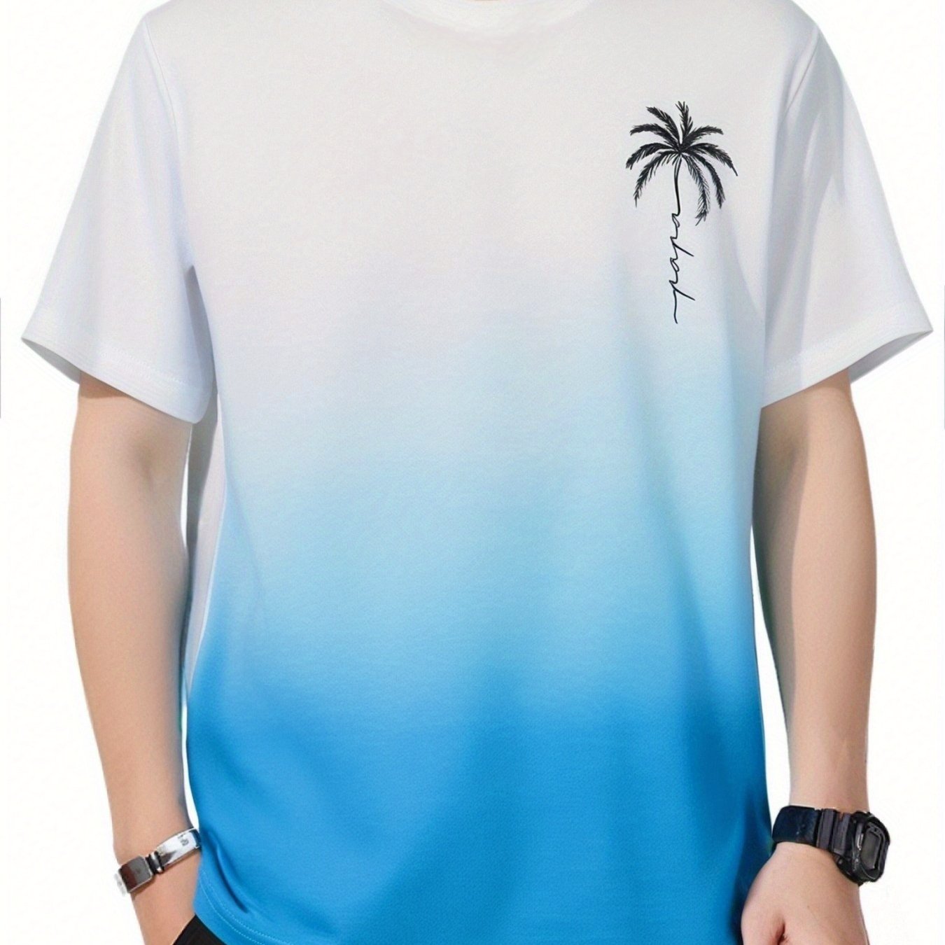 [Summer T-Shirt] Quick-Dry Breathable Men's Summer Short-Sleeve Crewneck T-Shirt | Dual-Tone Gradient Coconut Tree Print, 100% Polyester, Regular Fit Casual Tee for Teens & Adults, Home & Outdoor Activities