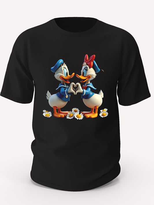 Men's Donald and Daisy Heart Hands Cotton T-Shirt - Black Crew Neck, Short Sleeve, All-Season Casual Wear, 220g/㎡, Single-Sided Printed Design with Sailor Outfit & Flower Details, Casual Wear Tshirt | Playful Graphic Tee |