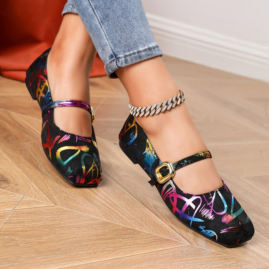 [1 Pair Camouflage Flats] 1 Pair Women's Breathable Camouflage Mary Jane Flats | Pointed Toe Buckle Closure, All-Season Velvet Shoes with TPR Sole and Man-Made Insole