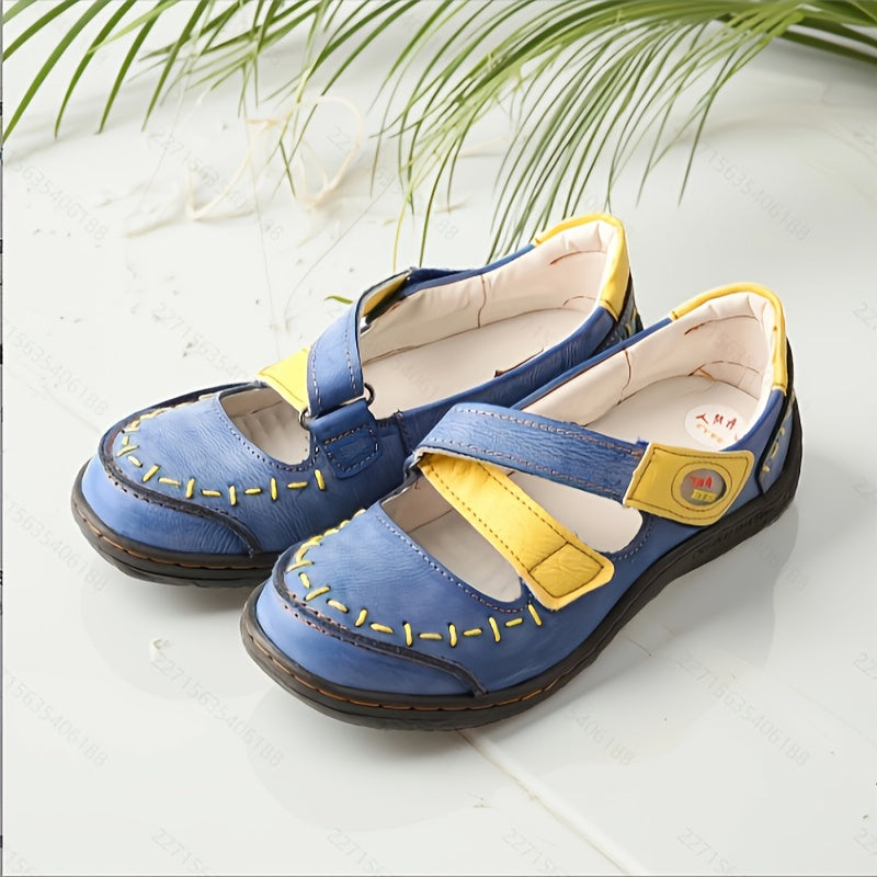 [Soft Leather Sandals] TMA EYES Soft Leather Women's Casual Slip-On Flat Sandals | Blue & Yellow Cross Design, Comfortable Low-Top, Padded Insole, Flat Heel, Summer Footwear
