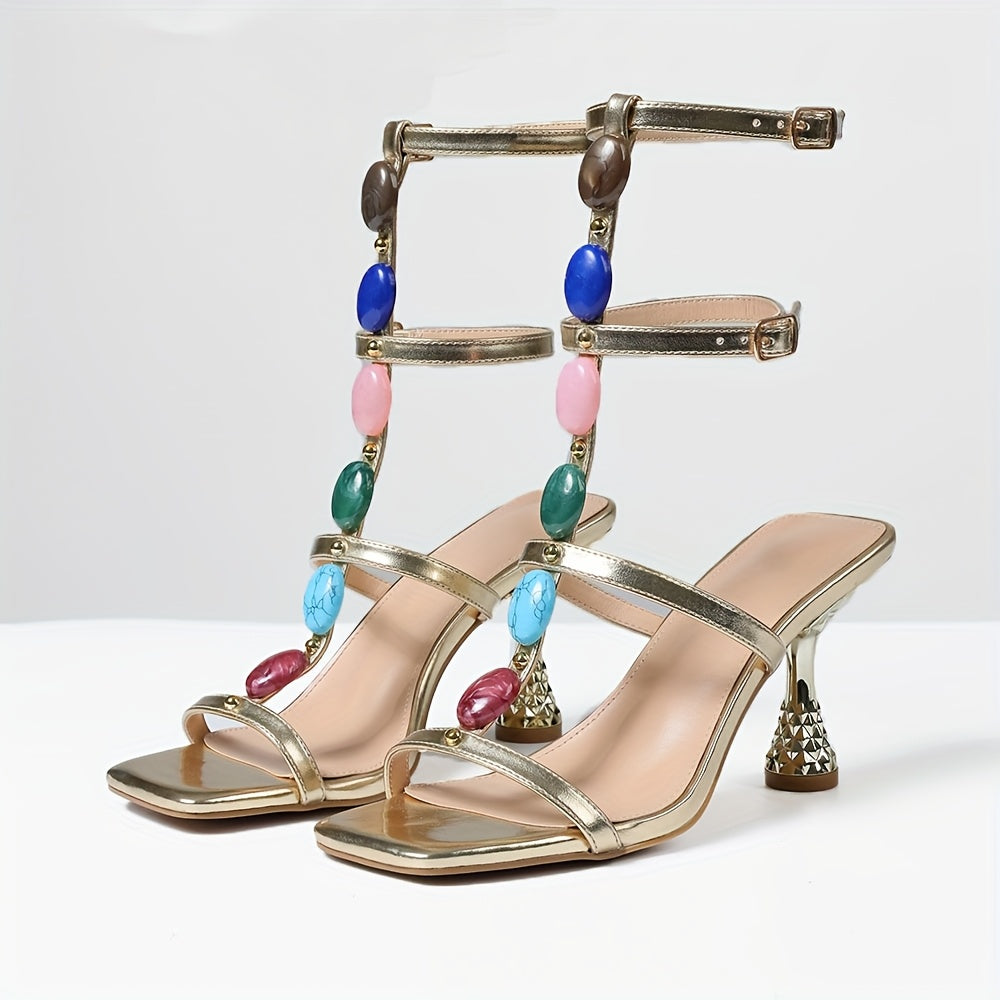 Women's Elegant Bohemian Roma Style Summer Sandals with Kitten Heel Ankle Buckle Strap Colorful Bead Accents Square Open Toe PU Cover for Vacation Graduation Ceremonies Event Footwear