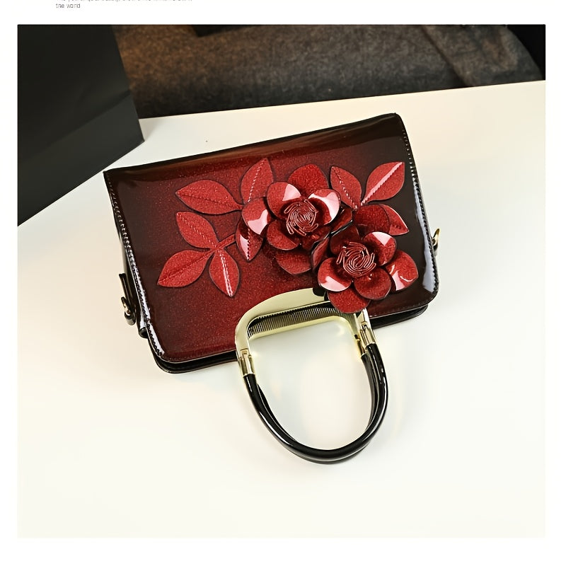 2025 New Style Women's Genuine Leather Crossbody Shoulder Bag Burgundy Floral Embellished Handbag with Adjustable Strap Golden-Tone Hardware and Zipper Closure Versatile for Casual and Formal Occasions