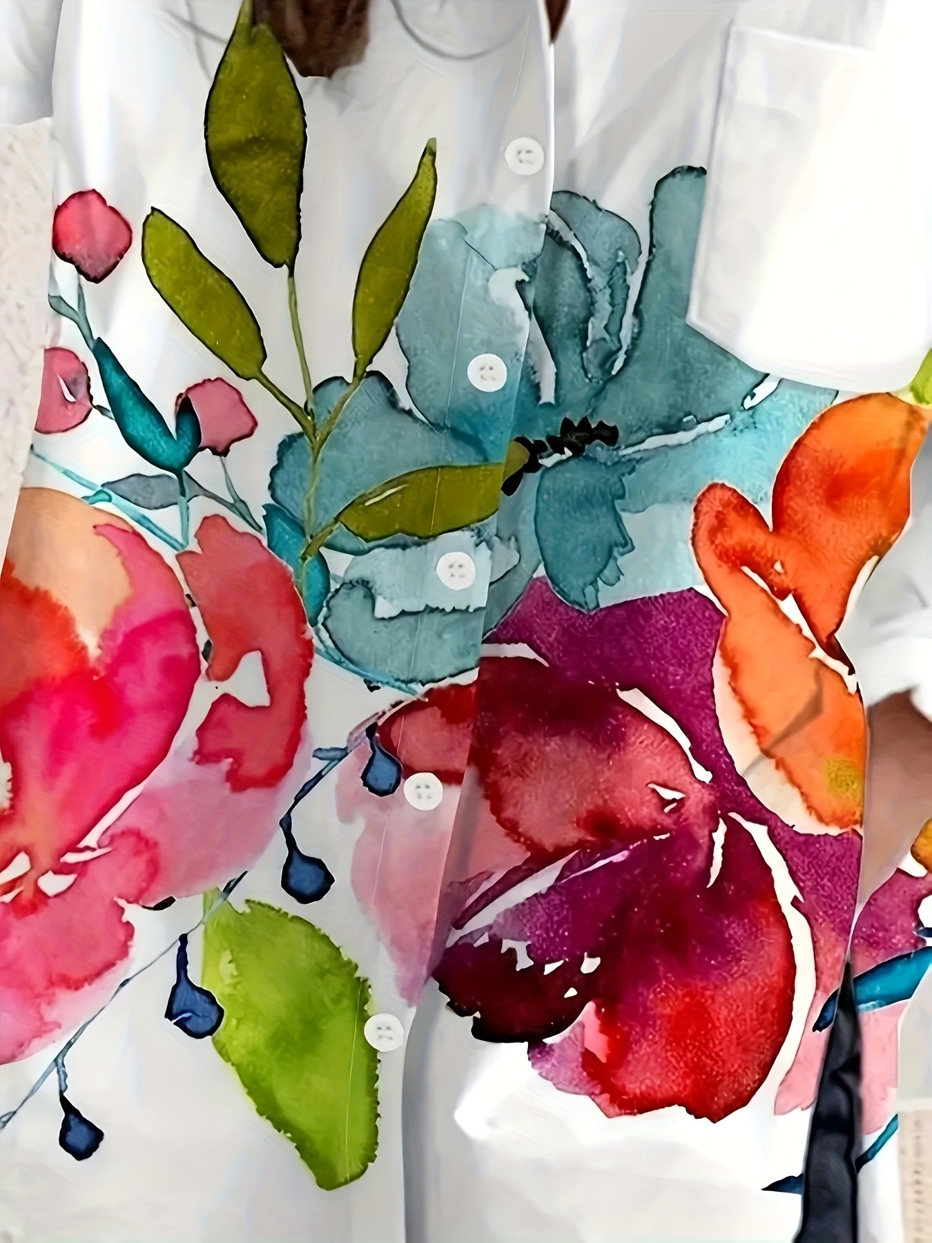 Women's Vibrant Floral Print Button-Up Shirt - Casual Long Sleeve with Turn- Collar, Machine Washable, All-Season Elegance, White Base with Colorful Flower Design, Casual Wear | Loose Fit Blouse | Nonelastic Fabric
