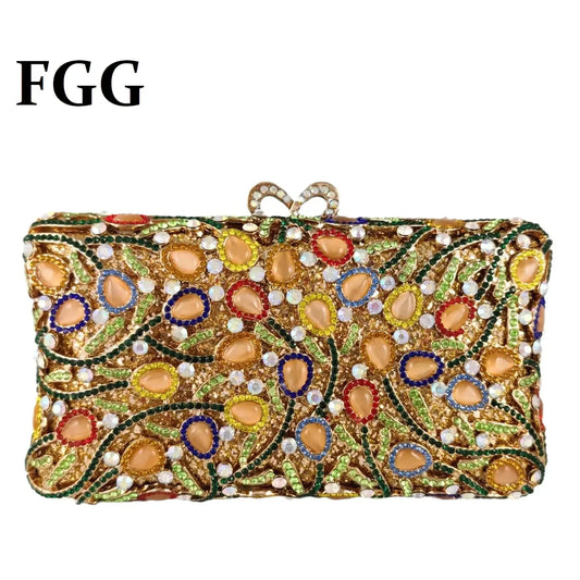 Boutique De FGG Opal Stones Women Colorful Evening Bags Clutches Formal Party Rhinestone Minaudiere Handbag Bridal Purse Bag