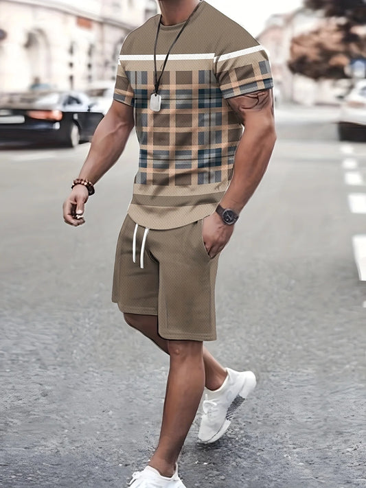 Men's Trendy Round Neck Short Sleeve Two Piece Suit with 3D Digital Printing Summer Casual Wear