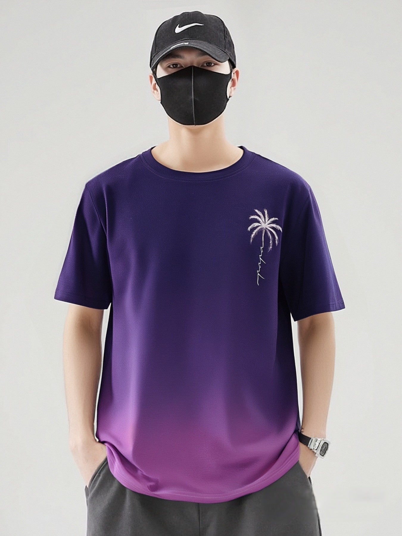 [Summer T-Shirt] Quick-Dry Breathable Men's Summer Short-Sleeve Crewneck T-Shirt | Dual-Tone Gradient Coconut Tree Print, 100% Polyester, Regular Fit Casual Tee for Teens & Adults, Home & Outdoor Activities