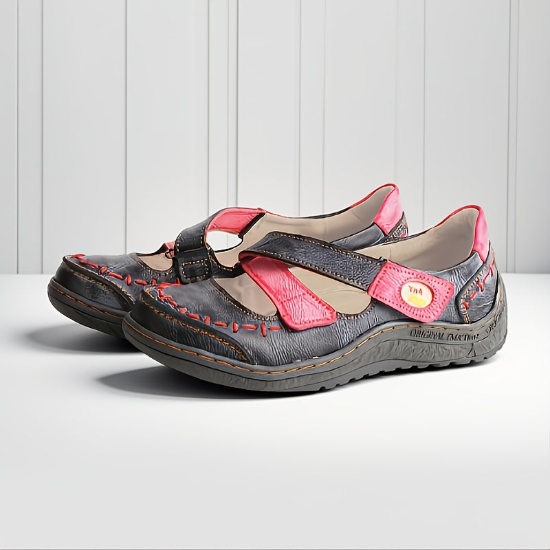 [Soft Leather Sandals] TMA EYES Soft Leather Women's Casual Slip-On Flat Sandals | Blue & Yellow Cross Design, Comfortable Low-Top, Padded Insole, Flat Heel, Summer Footwear